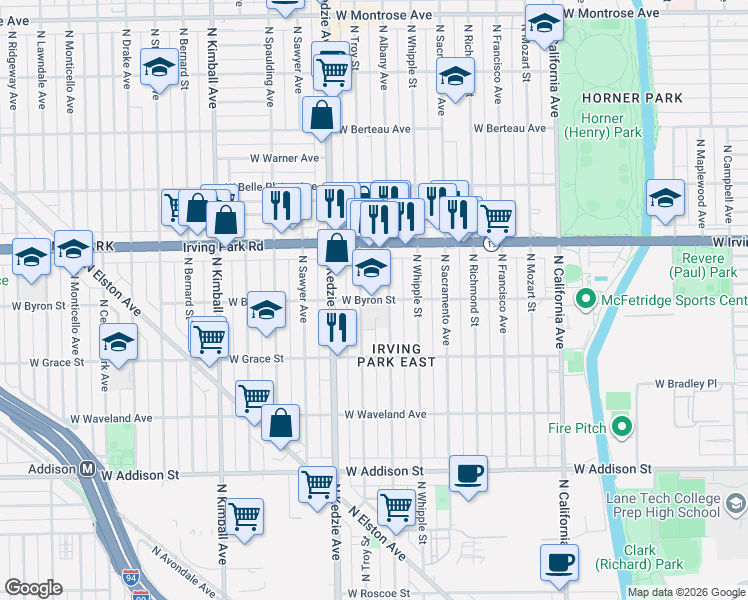 map of restaurants, bars, coffee shops, grocery stores, and more near 3120 West Byron Street in Chicago