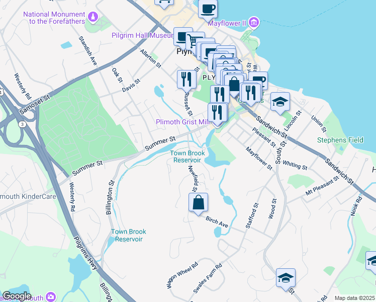 map of restaurants, bars, coffee shops, grocery stores, and more near 15 Newfield Street in Plymouth