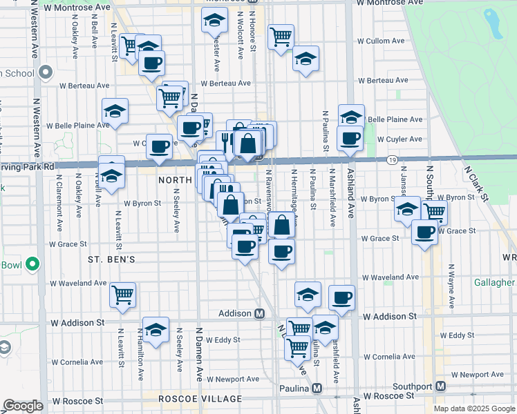 map of restaurants, bars, coffee shops, grocery stores, and more near 1817 West Byron Street in Chicago