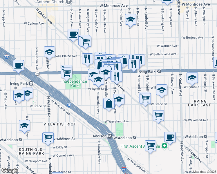 map of restaurants, bars, coffee shops, grocery stores, and more near 3903 North Monticello Avenue in Chicago