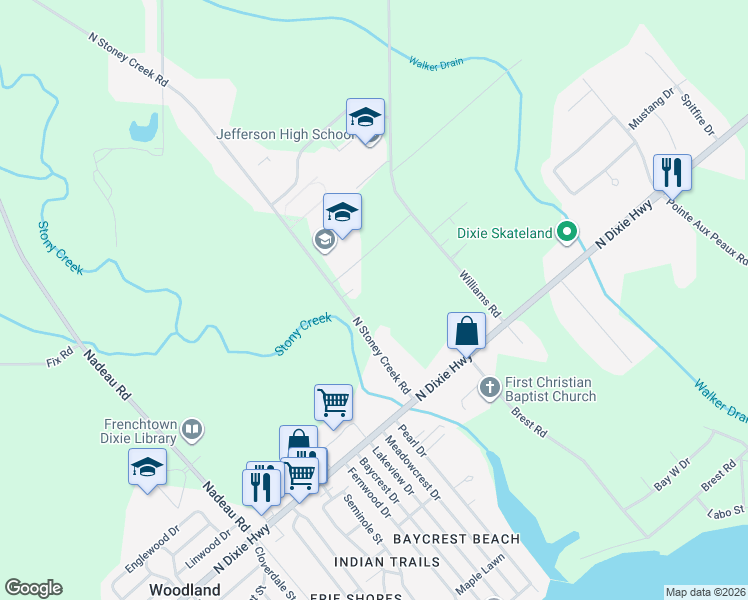map of restaurants, bars, coffee shops, grocery stores, and more near 5070 North Stoney Creek Road in Monroe