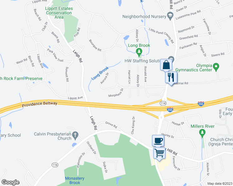 map of restaurants, bars, coffee shops, grocery stores, and more near 17 Morpheus Drive in Cumberland