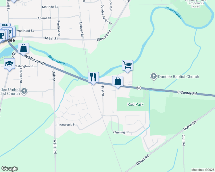 map of restaurants, bars, coffee shops, grocery stores, and more near 472 East Monroe Street in Dundee