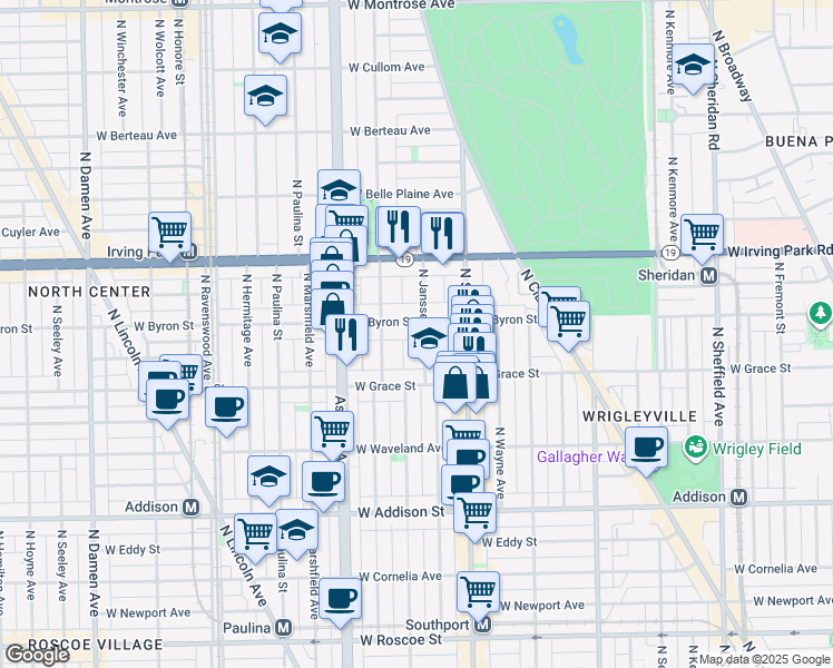 map of restaurants, bars, coffee shops, grocery stores, and more near 3848 North Janssen Avenue in Chicago