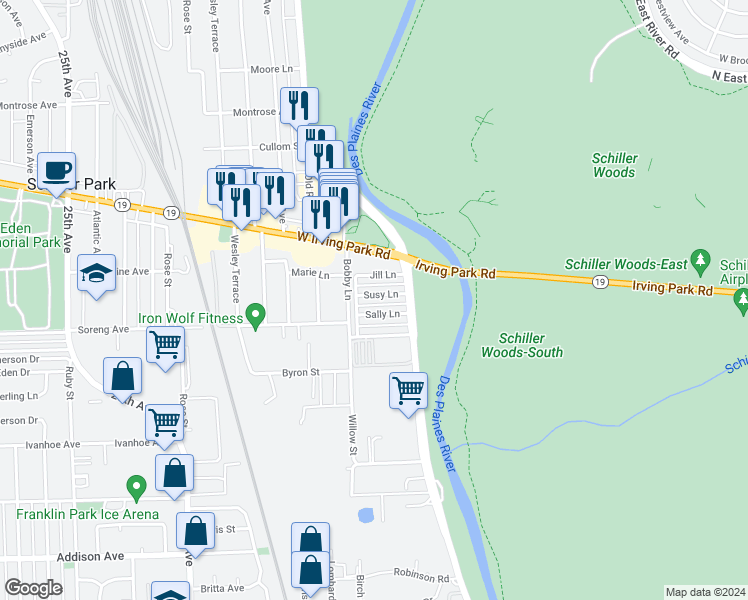 map of restaurants, bars, coffee shops, grocery stores, and more near 9229 Susy Lane in Schiller Park