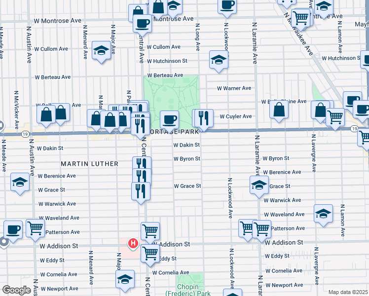 map of restaurants, bars, coffee shops, grocery stores, and more near 5435 West Dakin Street in Chicago