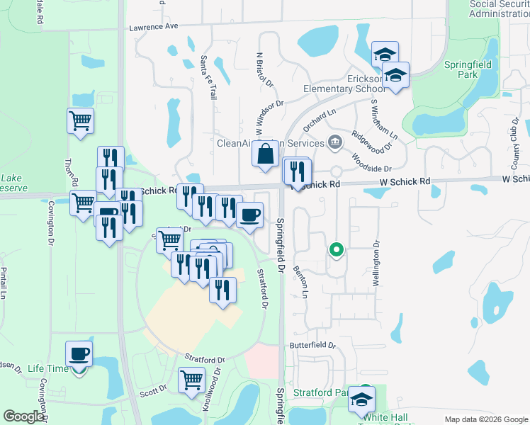 map of restaurants, bars, coffee shops, grocery stores, and more near 158 Paxton Road in Bloomingdale