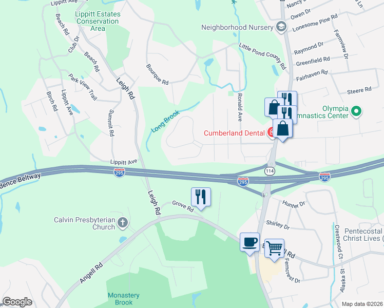 map of restaurants, bars, coffee shops, grocery stores, and more near 17 Morpheus Drive in Cumberland