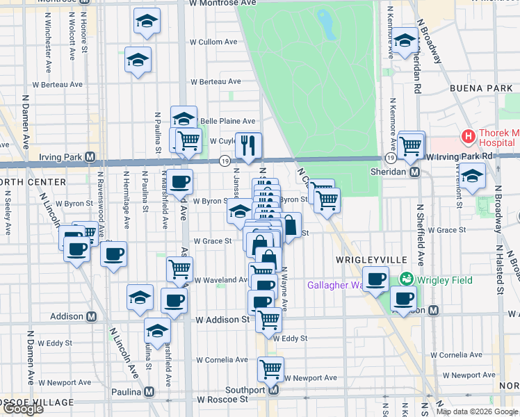 map of restaurants, bars, coffee shops, grocery stores, and more near 3846 North Southport Avenue in Chicago