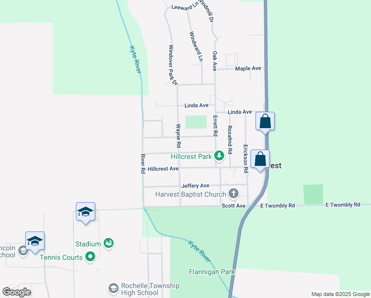 map of restaurants, bars, coffee shops, grocery stores, and more near 115 Ramona Avenue in Rochelle