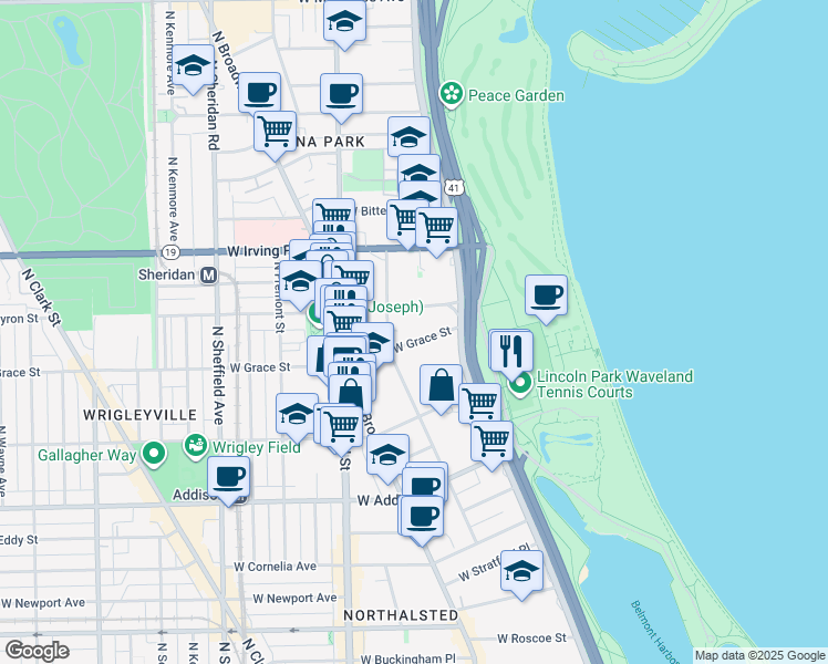 map of restaurants, bars, coffee shops, grocery stores, and more near 635w West Grace Street in Chicago