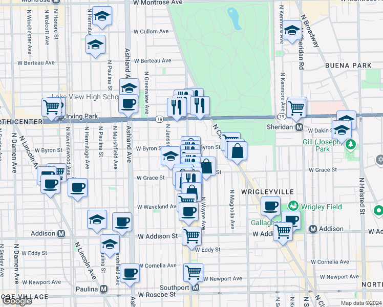 map of restaurants, bars, coffee shops, grocery stores, and more near 3851 North Southport Avenue in Chicago