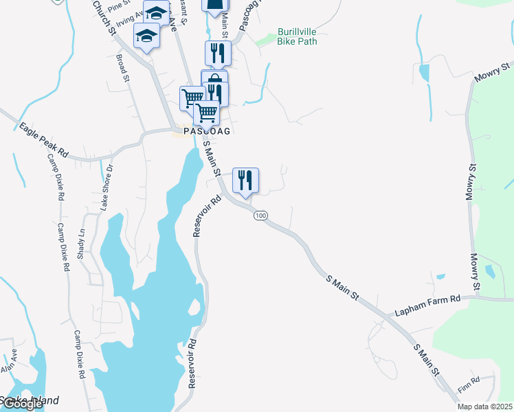 map of restaurants, bars, coffee shops, grocery stores, and more near 196 South Main Street in Burrillville