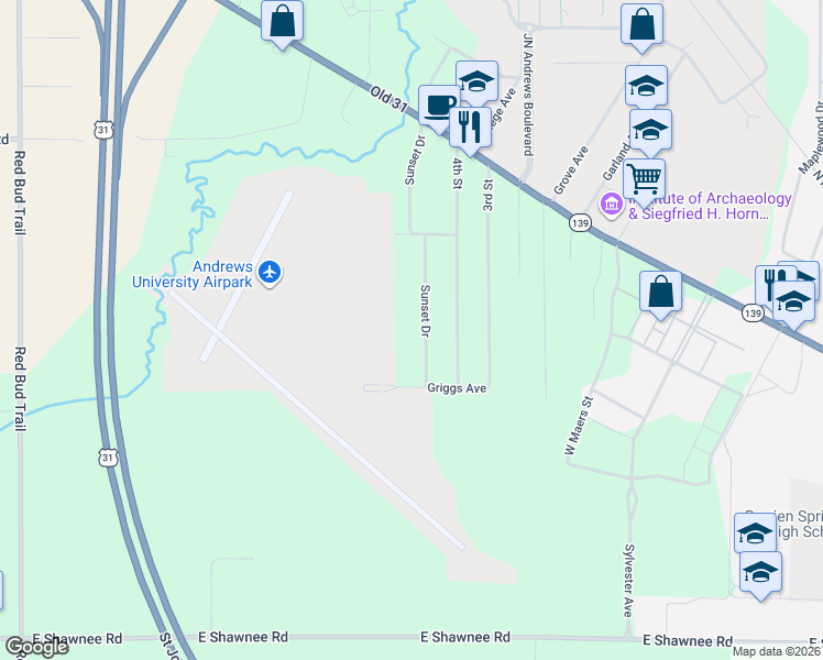 map of restaurants, bars, coffee shops, grocery stores, and more near 9226 Sunset Drive in Berrien Springs