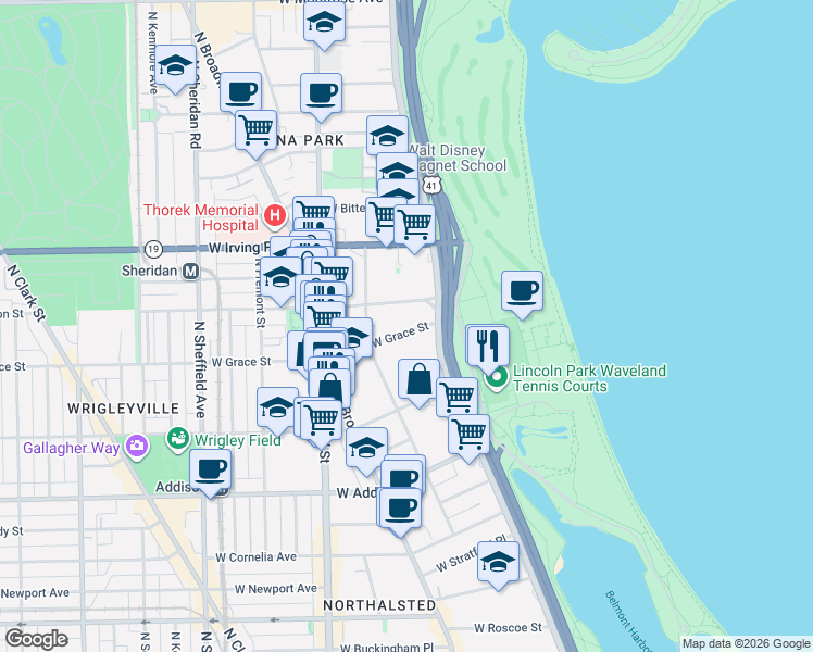 map of restaurants, bars, coffee shops, grocery stores, and more near 635w West Grace Street in Chicago