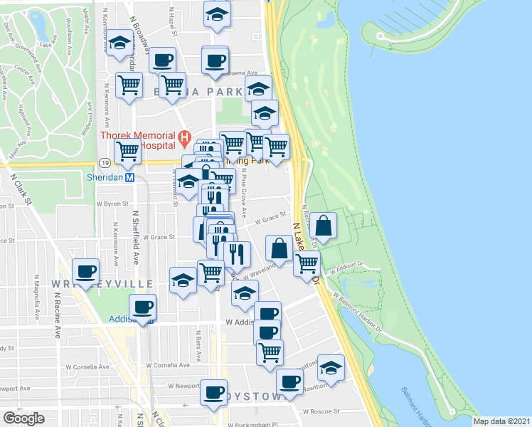 map of restaurants, bars, coffee shops, grocery stores, and more near 635w West Grace Street in Chicago