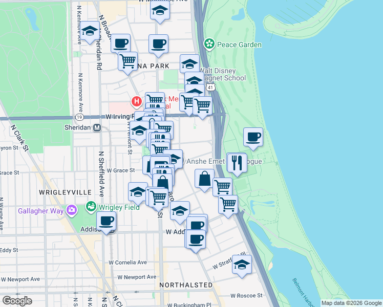 map of restaurants, bars, coffee shops, grocery stores, and more near 635w West Grace Street in Chicago