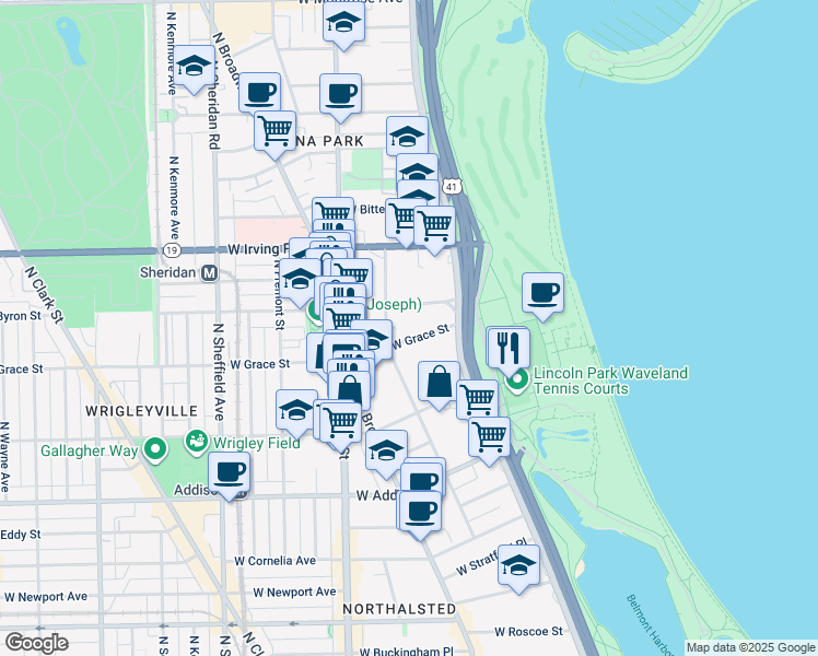 map of restaurants, bars, coffee shops, grocery stores, and more near 635w West Grace Street in Chicago