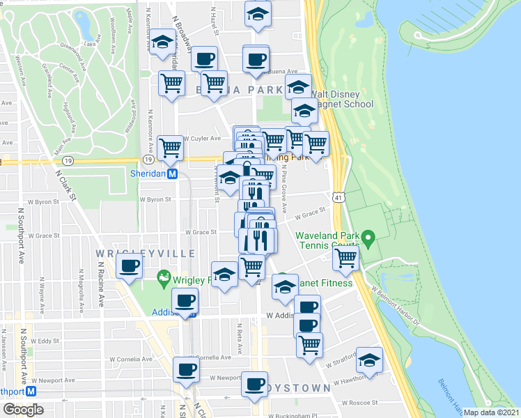 map of restaurants, bars, coffee shops, grocery stores, and more near 3823 North Broadway in Chicago