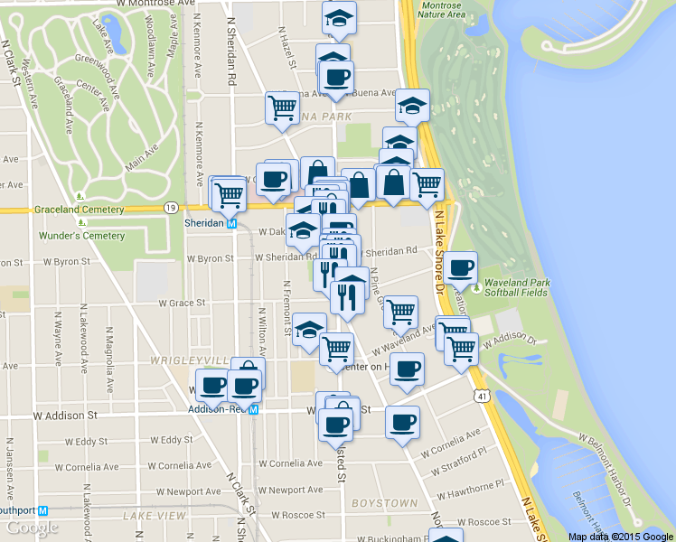 map of restaurants, bars, coffee shops, grocery stores, and more near 3823 North Broadway in Chicago