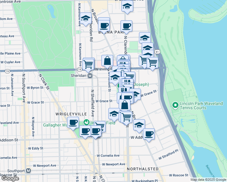 map of restaurants, bars, coffee shops, grocery stores, and more near 831 West Sheridan Road in Chicago