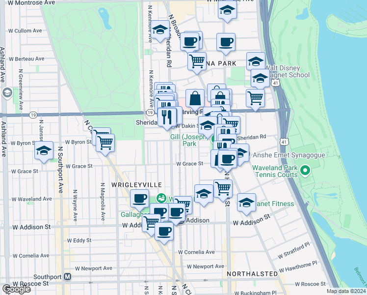map of restaurants, bars, coffee shops, grocery stores, and more near 3825 North Sheffield Avenue in Chicago