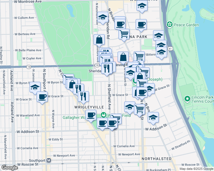 map of restaurants, bars, coffee shops, grocery stores, and more near 1017 West Byron Street in Chicago