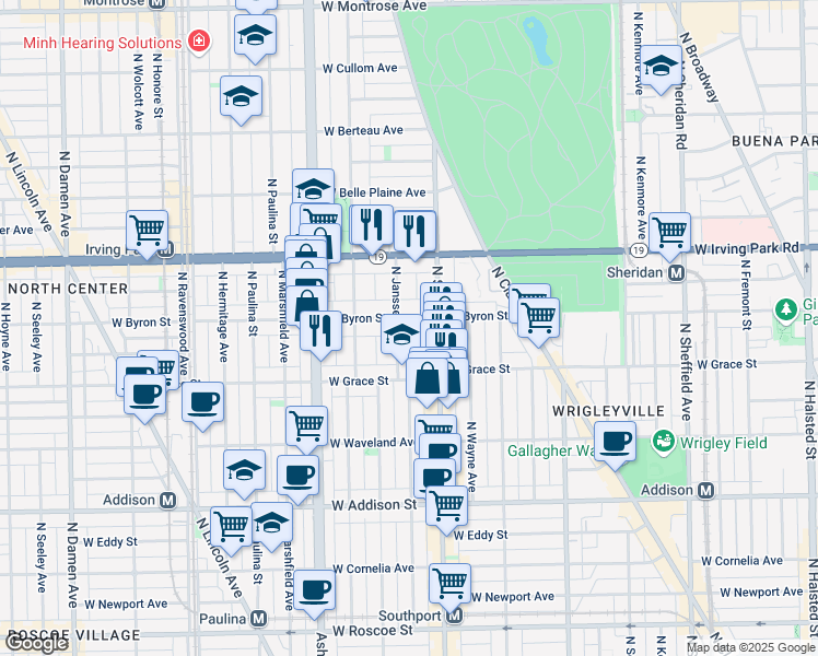 map of restaurants, bars, coffee shops, grocery stores, and more near 3846 North Janssen Avenue in Chicago