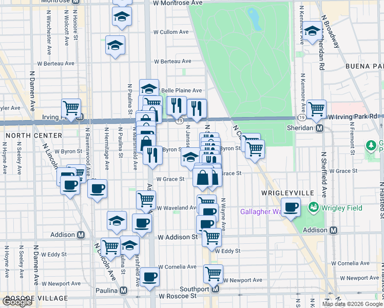 map of restaurants, bars, coffee shops, grocery stores, and more near 3846 North Janssen Avenue in Chicago