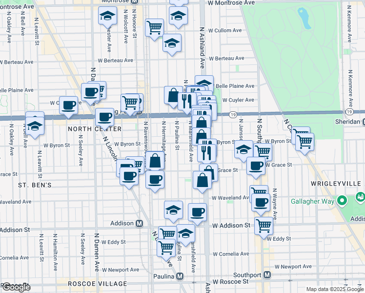 map of restaurants, bars, coffee shops, grocery stores, and more near 3844 North Marshfield Avenue in Chicago