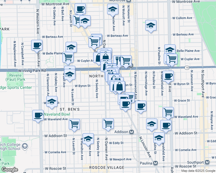 map of restaurants, bars, coffee shops, grocery stores, and more near 3868 North Lincoln Avenue in Chicago