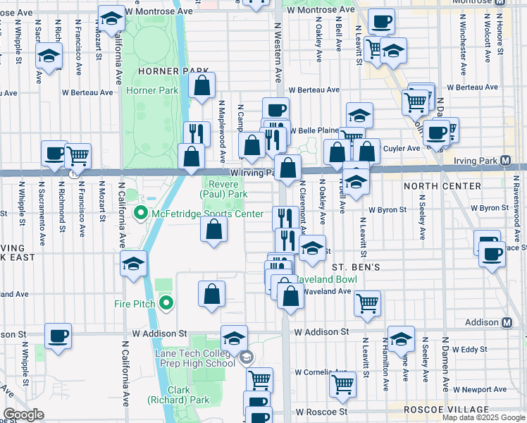 map of restaurants, bars, coffee shops, grocery stores, and more near 2439 West Byron Street in Chicago