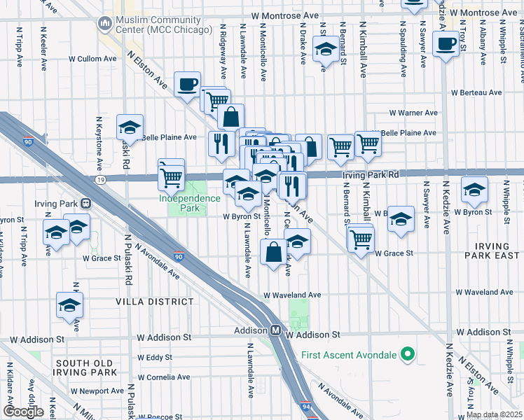 map of restaurants, bars, coffee shops, grocery stores, and more near 3903 North Lawndale Avenue in Chicago