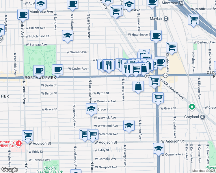 map of restaurants, bars, coffee shops, grocery stores, and more near 5057 West Dakin Street in Chicago