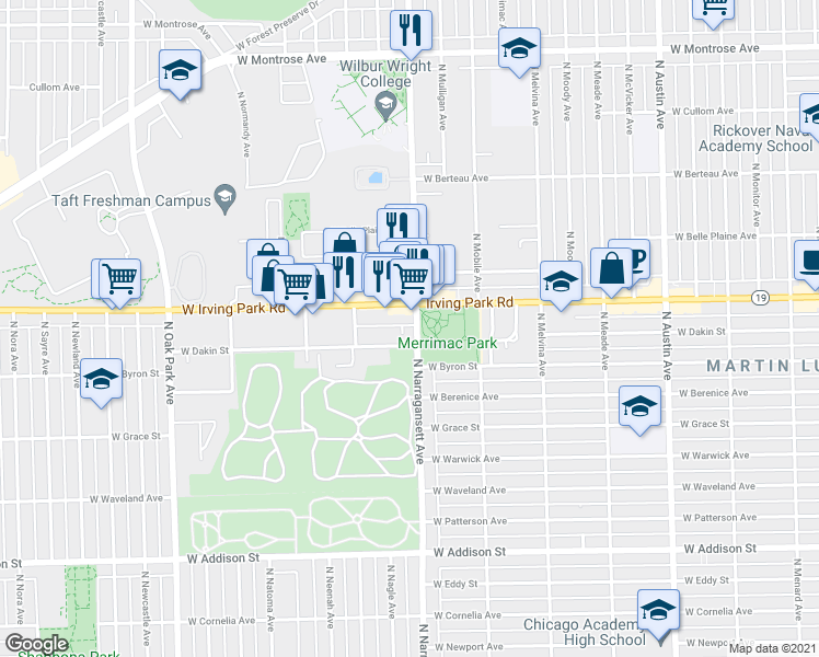 map of restaurants, bars, coffee shops, grocery stores, and more near 6422 West Dakin Street in Chicago