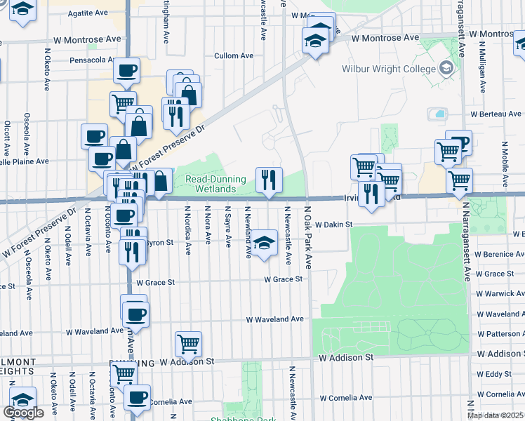 map of restaurants, bars, coffee shops, grocery stores, and more near 3937 North Newland Avenue in Chicago