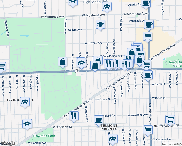 map of restaurants, bars, coffee shops, grocery stores, and more near 3942 North Oriole Avenue in Chicago