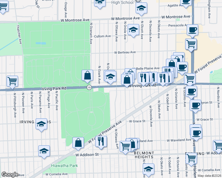 map of restaurants, bars, coffee shops, grocery stores, and more near 3942 North Ottawa Avenue in Chicago