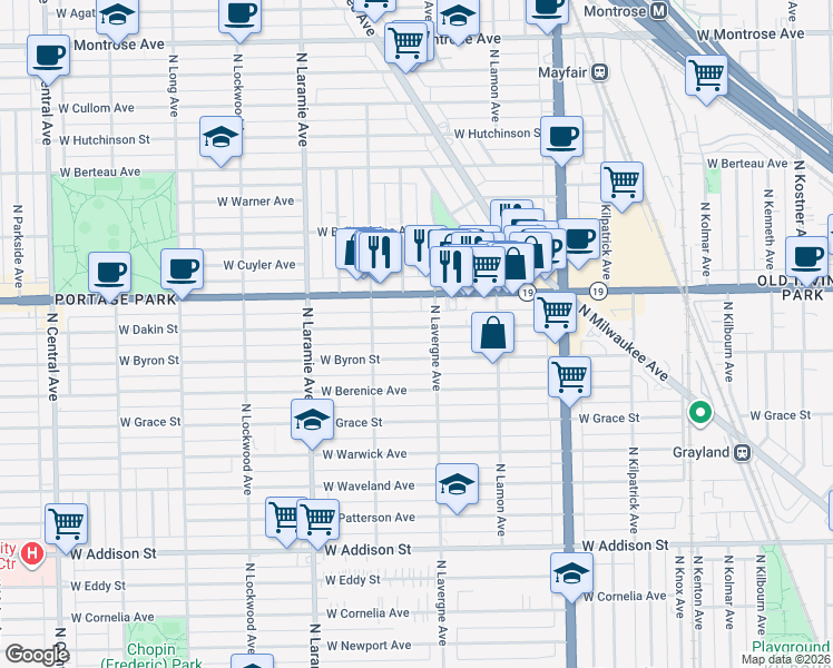 map of restaurants, bars, coffee shops, grocery stores, and more near 5017 West Dakin Street in Chicago
