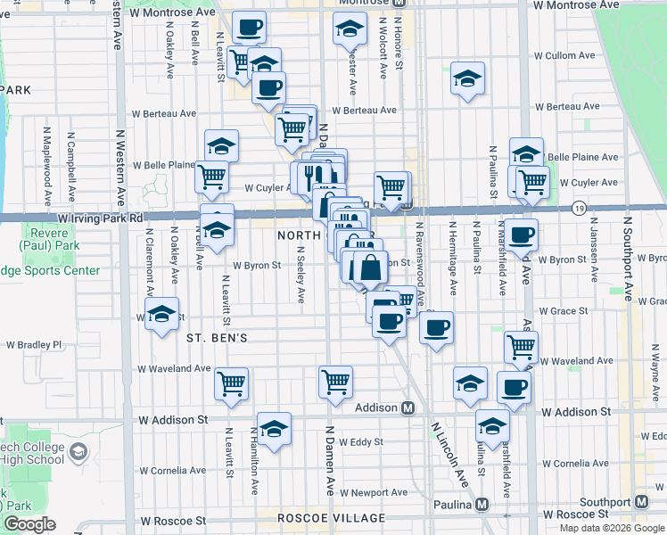 map of restaurants, bars, coffee shops, grocery stores, and more near 3868 North Lincoln Avenue in Chicago