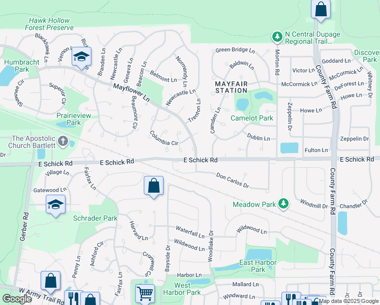 map of restaurants, bars, coffee shops, grocery stores, and more near 4603 Mayflower Lane in Bartlett