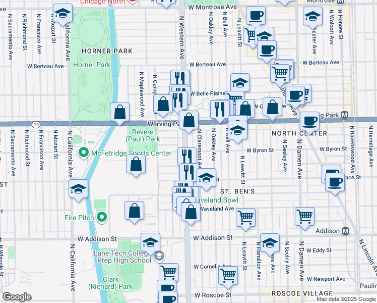 map of restaurants, bars, coffee shops, grocery stores, and more near 2356 West Byron Street in Chicago
