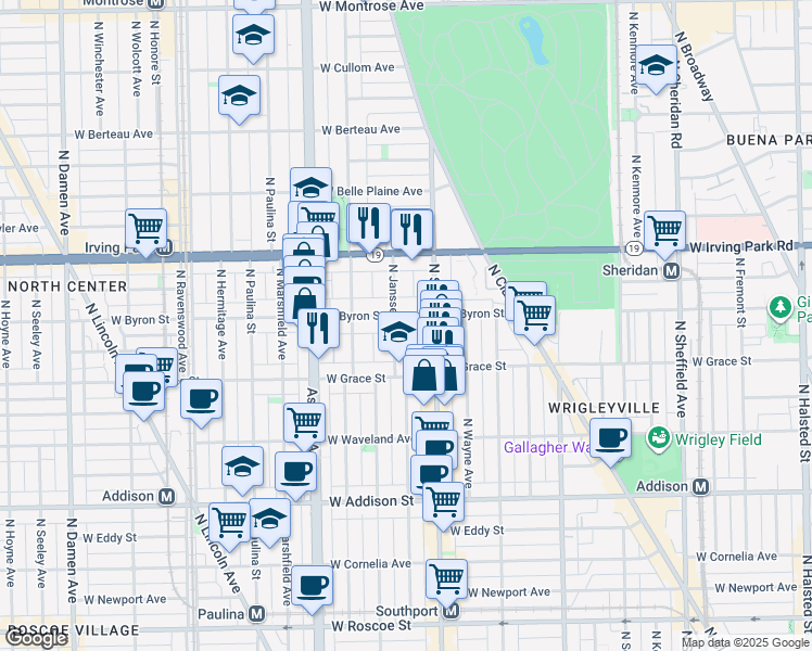 map of restaurants, bars, coffee shops, grocery stores, and more near 3846 North Janssen Avenue in Chicago