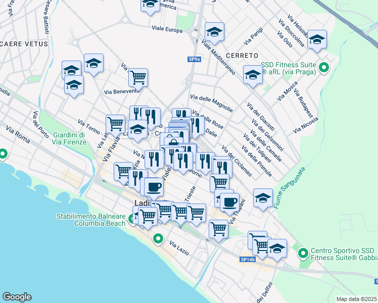 map of restaurants, bars, coffee shops, grocery stores, and more near 11 Via Bordighera in Ladispoli