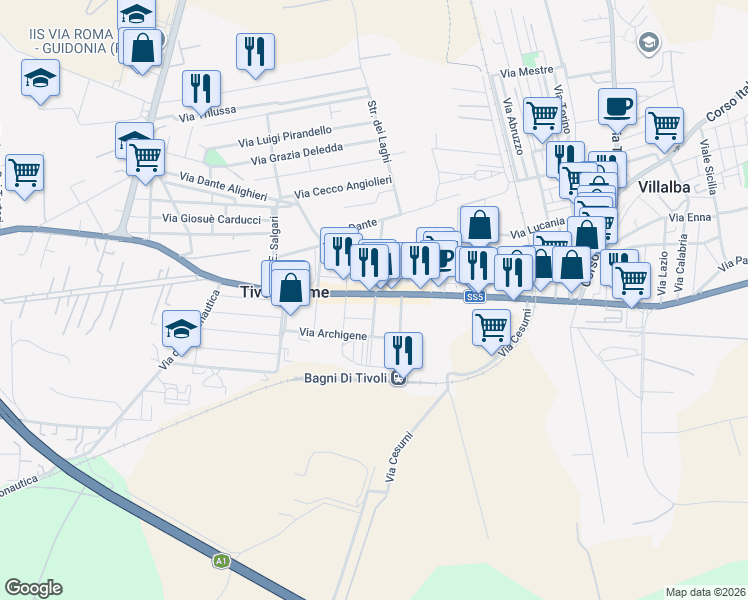 map of restaurants, bars, coffee shops, grocery stores, and more near 250 Via Nazionale Tiburtina in Tivoli Terme