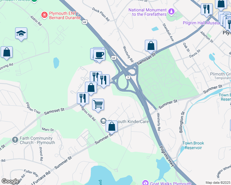 map of restaurants, bars, coffee shops, grocery stores, and more near 1 Samoset Street in Plymouth