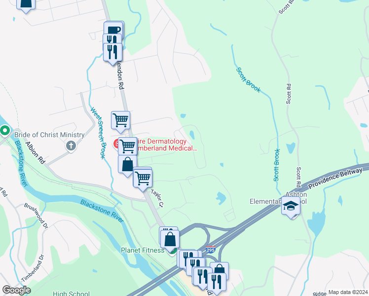 map of restaurants, bars, coffee shops, grocery stores, and more near 51 Meadowbrook Drive in Cumberland
