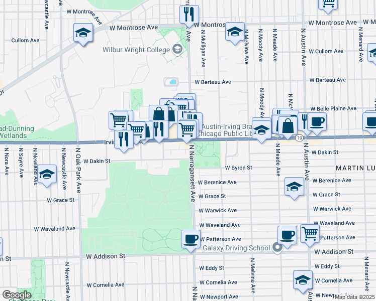 map of restaurants, bars, coffee shops, grocery stores, and more near 6422 West Dakin Street in Chicago