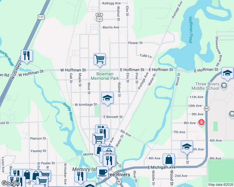 map of restaurants, bars, coffee shops, grocery stores, and more near 515 Walnut Street in Three Rivers