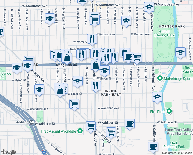 map of restaurants, bars, coffee shops, grocery stores, and more near 3859 North Kedzie Avenue in Chicago
